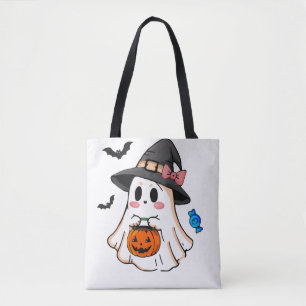 Cute Kawaii Halloween Ghost in Witch Hat with Pump Tote Bag