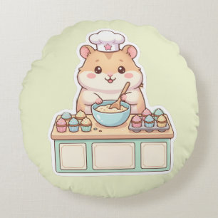 Cute Kawaii Hamster Chef Baking Cupcakes Round Cushion