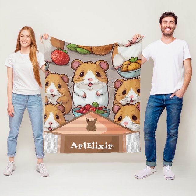 Cute Kawaii hamster eating strawberries Fleece Blanket (In Situ)