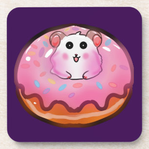 Cute Kawaii Hamster in Pink Frosted Doughnut Art Coaster