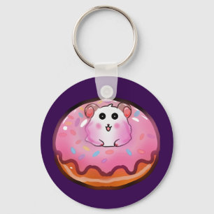 Cute Kawaii Hamster in Pink Frosted Doughnut Art Key Ring