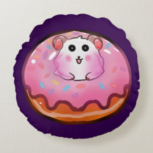 Cute Kawaii Hamster in Pink Frosted Doughnut Art Round Cushion