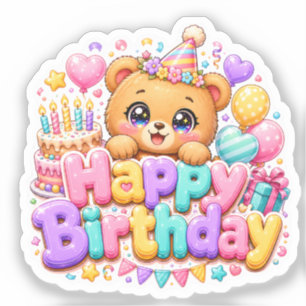 Cute Kawaii Happy Birthday Teddy Bear Pastel Pink