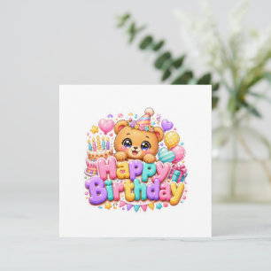 Cute Kawaii Happy Birthday Teddy Bear Pastel Pink  Invitation