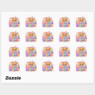 Cute Kawaii Happy Birthday Teddy Bear Pastel Pink Square Sticker