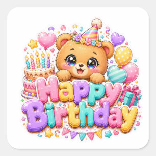 Cute Kawaii Happy Birthday Teddy Bear Pastel Pink  Square Sticker