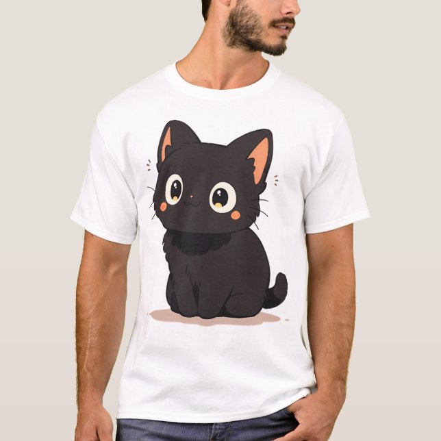 Cute Kawaii Happy Black Anime Cat Smiling T-Shirt (Front)