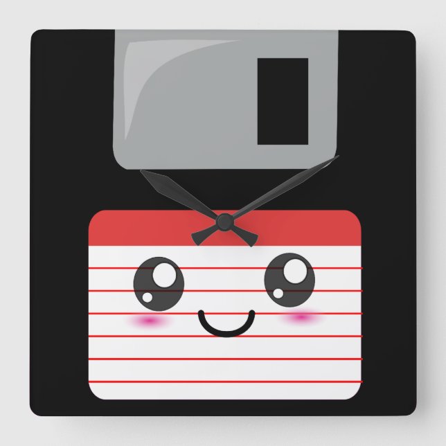 Cute / Kawaii Happy Floppy Disc Square Wall Clock (Front)