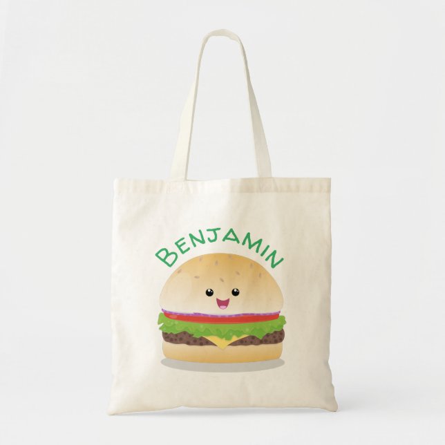 Cute kawaii happy hamburger cartoon illustration tote bag (Front)