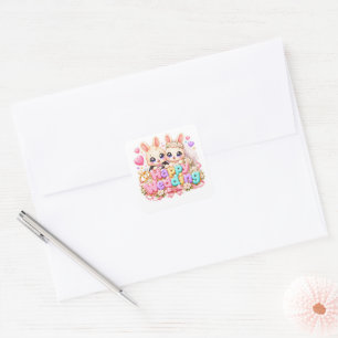 Cute Kawaii Happy Wedding Bunny Couple Pastel Pink Square Sticker