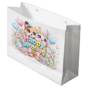 Cute Kawaii Happy Wedding Couple Animals Pastel Pi Large Gift Bag