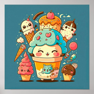 Cute kawaii ice cream cartoon vector illustration. poster