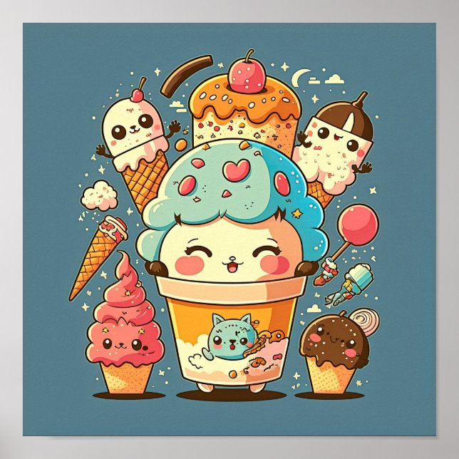 Cute kawaii ice cream cartoon vector illustration. poster (Front)