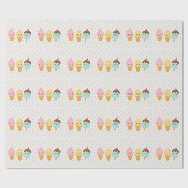 Cute Kawaii Ice Cream Party Wrapping Paper (Flat)