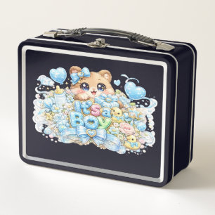Cute Kawaii It's a Boy Teddy Bear Pastel Blue Newb Metal Lunch Box