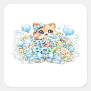 Cute Kawaii It's a Boy Teddy Bear Pastel Blue Newb Square Sticker