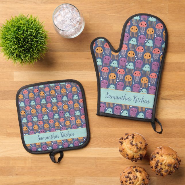 Cute Kawaii Jellyfish Personalised Oven Mitt & Pot Holder Set (Top Down)