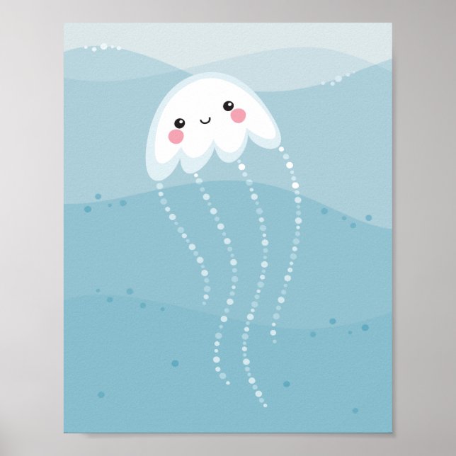Cute kawaii jellyfish swimming in soft blue waves poster (Front)