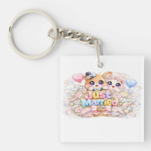 Cute Kawaii Just Married Couple Animals Pastel Pin Key Ring