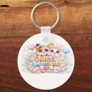 Cute Kawaii Just Married Couple Animals Pastel Pin Key Ring