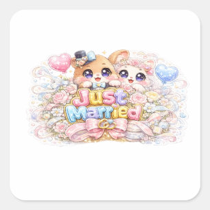Cute Kawaii Just Married Couple Animals Pastel Pin Square Sticker