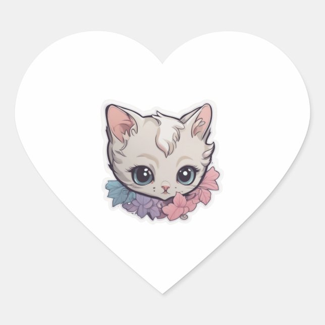 Cute Kawaii Kitten  1 Heart Sticker (Front)