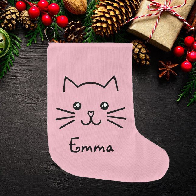 Cute Kawaii Kitten Cat Face With Pink Heart Nose Large Christmas Stocking (Creator Uploaded)