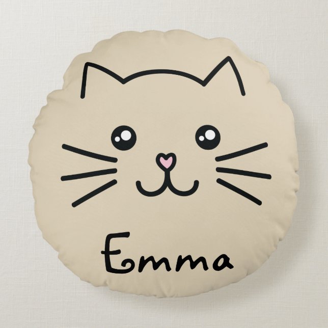 Cute Kawaii Kitten Cat Face With Pink Heart Nose Round Cushion (Front)