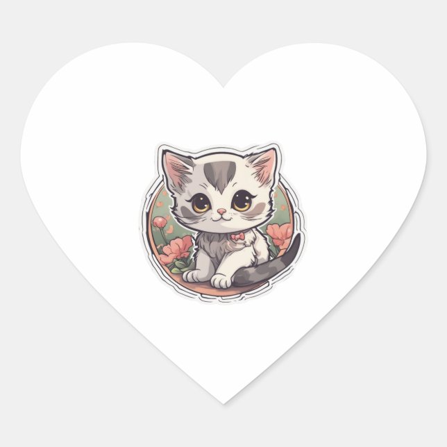Cute Kawaii Kitten   Heart Sticker (Front)