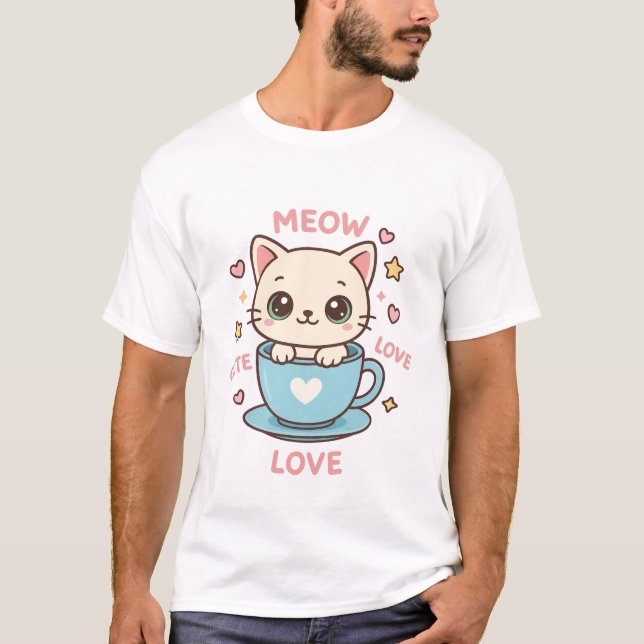 Cute Kawaii Kitten in Blue Teacup - Meow Love  T-Shirt (Front)