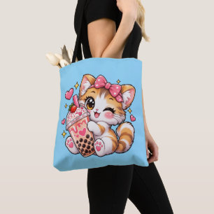 Cute Kawaii Kitten Winking Boba Tea Tote Bag
