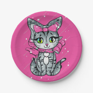 Cute Kawaii Kitten with a Glitter Pink Background Paper Plate