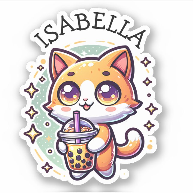 Cute Kawaii Kitten with Bubble Tea Personalised (Front)
