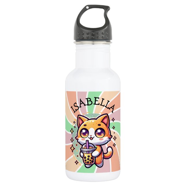 Cute Kawaii Kitten with Bubble Tea Personalised 532 Ml Water Bottle (Front)