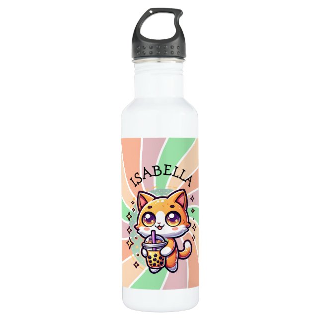 Cute Kawaii Kitten with Bubble Tea Personalised 710 Ml Water Bottle (Front)