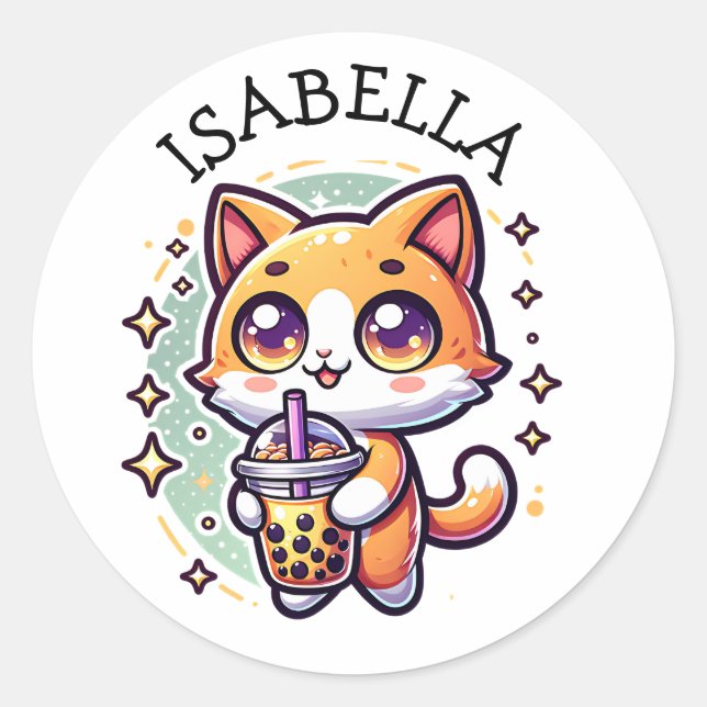 Cute Kawaii Kitten with Bubble Tea Personalised Classic Round Sticker (Front)