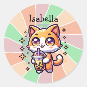 Cute Kawaii Kitten with Bubble Tea Personalised Classic Round Sticker