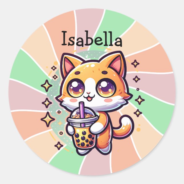 Cute Kawaii Kitten with Bubble Tea Personalised Classic Round Sticker (Front)