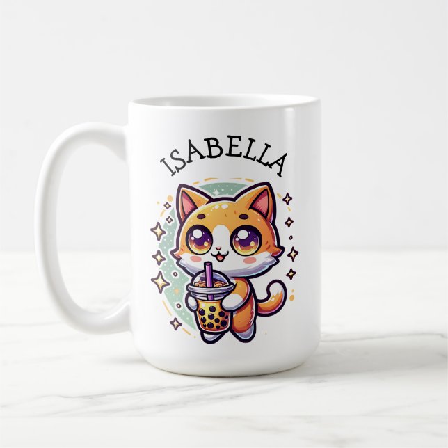 Cute Kawaii Kitten with Bubble Tea Personalised Coffee Mug (Left)