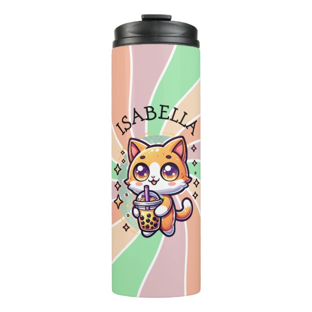 Cute Kawaii Kitten with Bubble Tea Personalised Thermal Tumbler (Front)