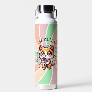 Cute Kawaii Kitten with Bubble Tea Personalised Water Bottle