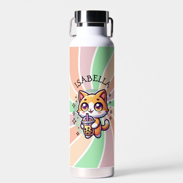 Cute Kawaii Kitten with Bubble Tea Personalised Water Bottle (Front)