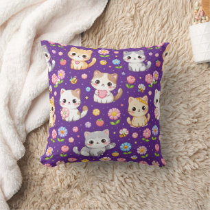 Cute Kawaii Kittens and Pastel Flowers Cushion