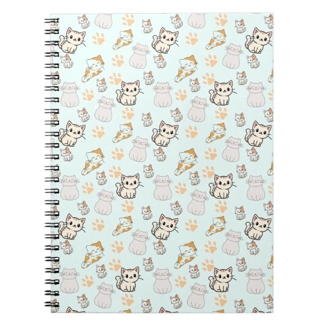 Cute Kawaii Kittens & Paws Pattern Notebook  (Front)