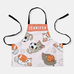 Cute Kawaii Kittens & Sports Balls Girls Name Kids Apron