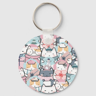 Cute Kawaii Kitties in Winter And Snowglobe Key Ring