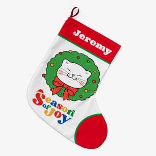 Cute Kawaii Kitty Cat Christmas Season of Joy Large Christmas Stocking