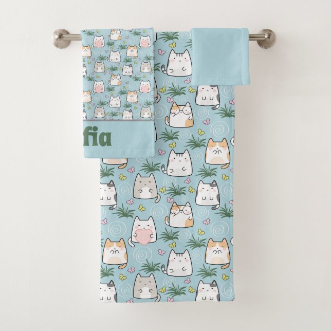 Cute kawaii kitty pattern azure blue name bath towel set (Insitu)