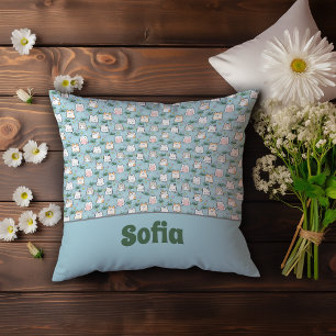 Cute kawaii kitty pattern azure blue name cushion