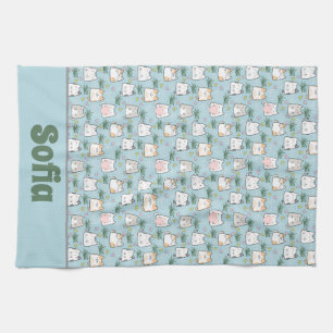 Cute kawaii kitty pattern azure blue name tea towel